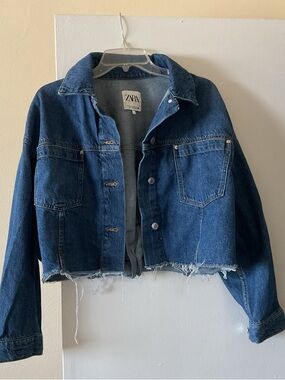 Zara Blue Cropped Raw-Hem Denim Jacket